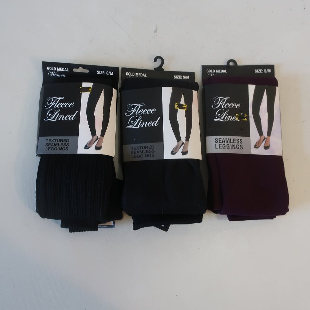 NWT Womens 3PC Gold Medal Black, Burgundy Fleece Lined Seamless Leggings S/M